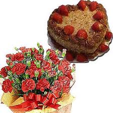 A Bunch of 24 Red Roses and 1 kgm Heart Shaped Chocolate Cake