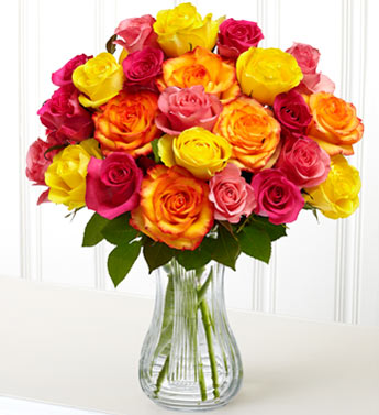 18 Mixed Colored Roses In A Vase