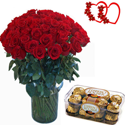 36 Red Roses In A Vase And A Box Of 16 Pieces Ferrero Rocher