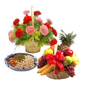 Basket Of 12 Mixed Colored Carnations, 1Kg Assorted Dry Fruits And A Basket Of 5Kg Assorted Fresh Fruits
