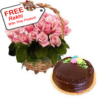 Basket Of 24 Pink Roses, 1Kg Chocolate Cake With A Free Rakhi.