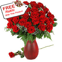 40 Red Roses In A Vase With A Free Rakhi.