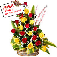 Basket Of 18 Mixed Colored Roses With A Free Rakhi.